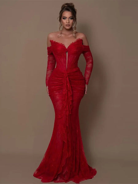 Off Shoulder Long Sleeve Lace Maxi Bodycon Dress HT1108