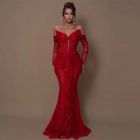 Isadora Fontaine — Off Shoulder Long Sleeve Lace Maxi Bodycon Dress HT1108