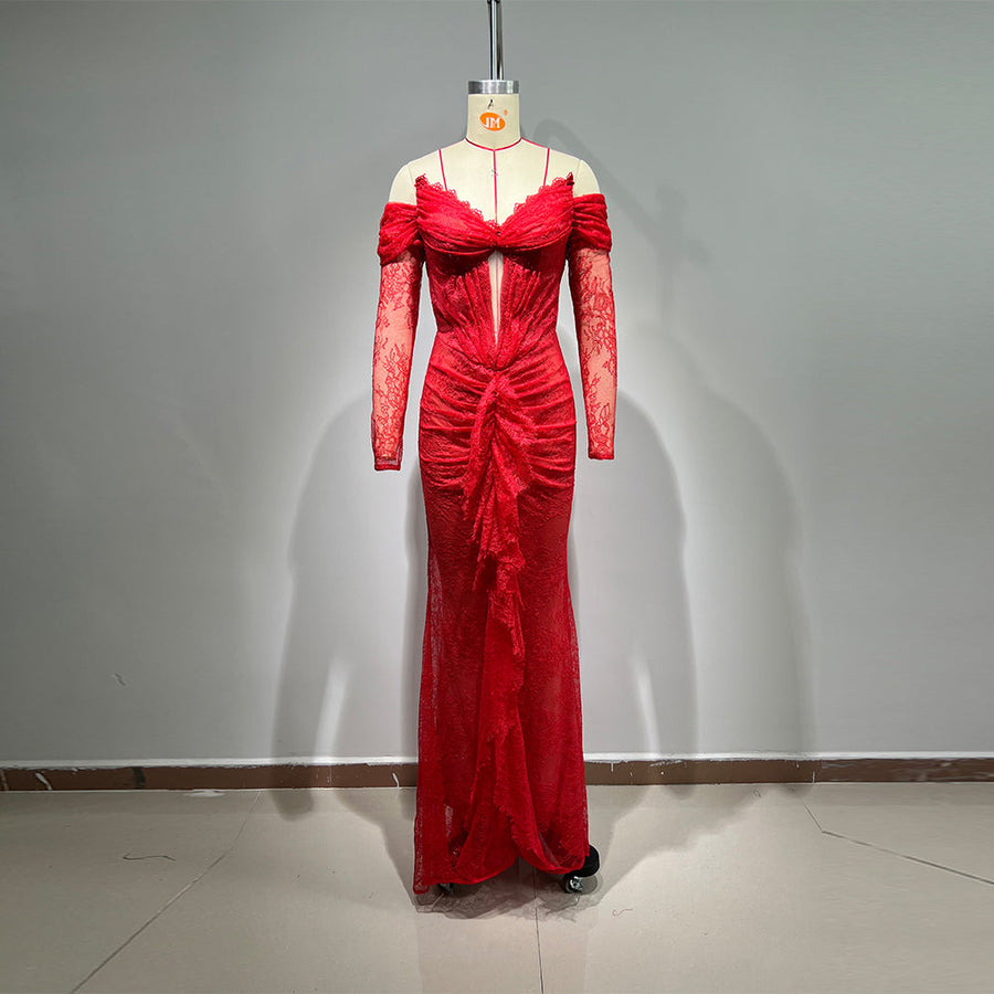 Off Shoulder Long Sleeve Lace Maxi Bodycon Dress HT1108