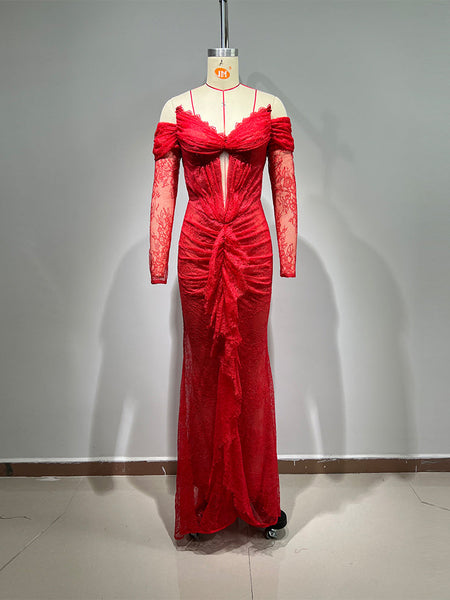 Off Shoulder Long Sleeve Lace Maxi Bodycon Dress HT1108