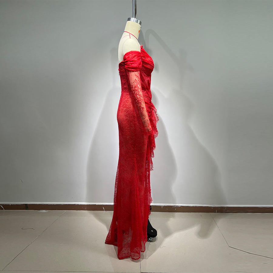 Off Shoulder Long Sleeve Lace Maxi Bodycon Dress HT1108