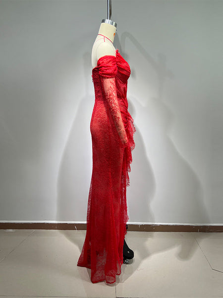 Off Shoulder Long Sleeve Lace Maxi Bodycon Dress HT1108