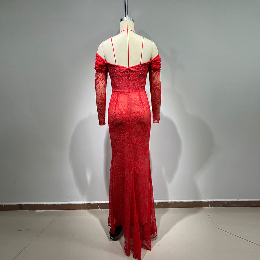 Off Shoulder Long Sleeve Lace Maxi Bodycon Dress HT1108