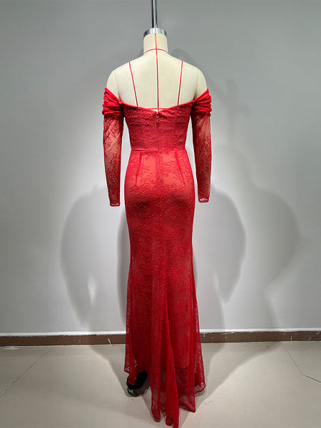 Off Shoulder Long Sleeve Lace Maxi Bodycon Dress HT1108