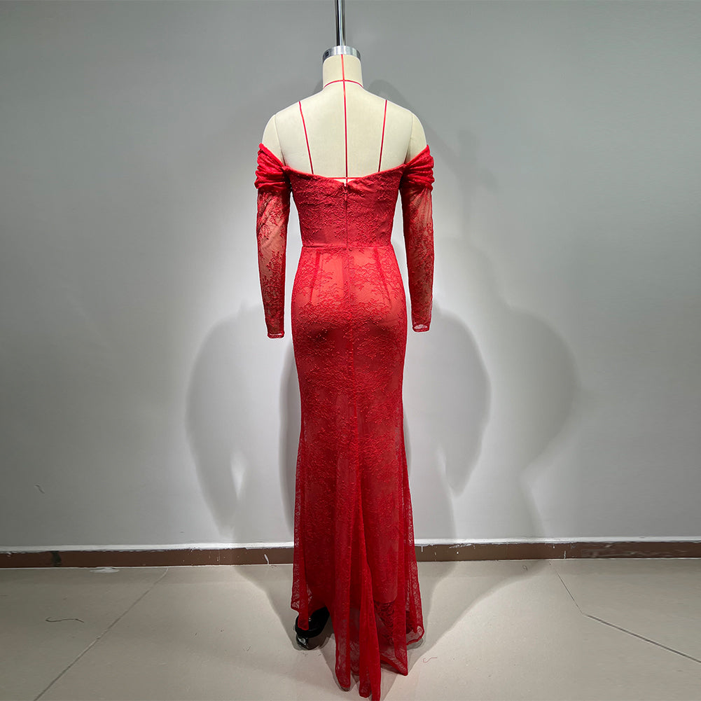 Isadora Fontaine — Off Shoulder Long Sleeve Lace Maxi Bodycon Dress HT1108, alternate view 4