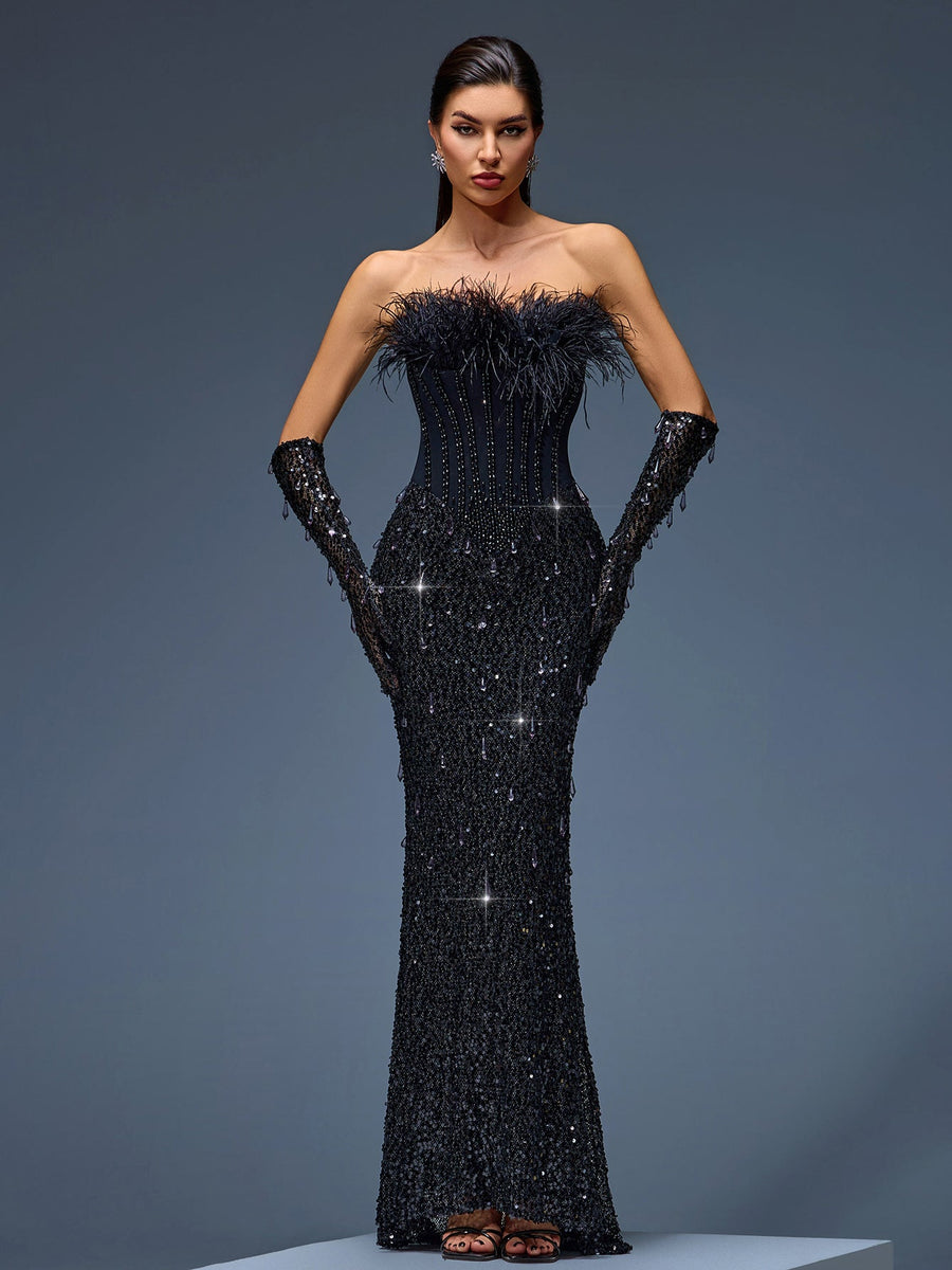 Elegant evening gown with sequin corset, feather details, and matching gloves