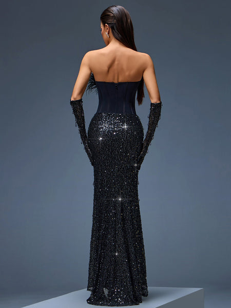 Elegant evening gown with sequin corset, feather details, and matching gloves