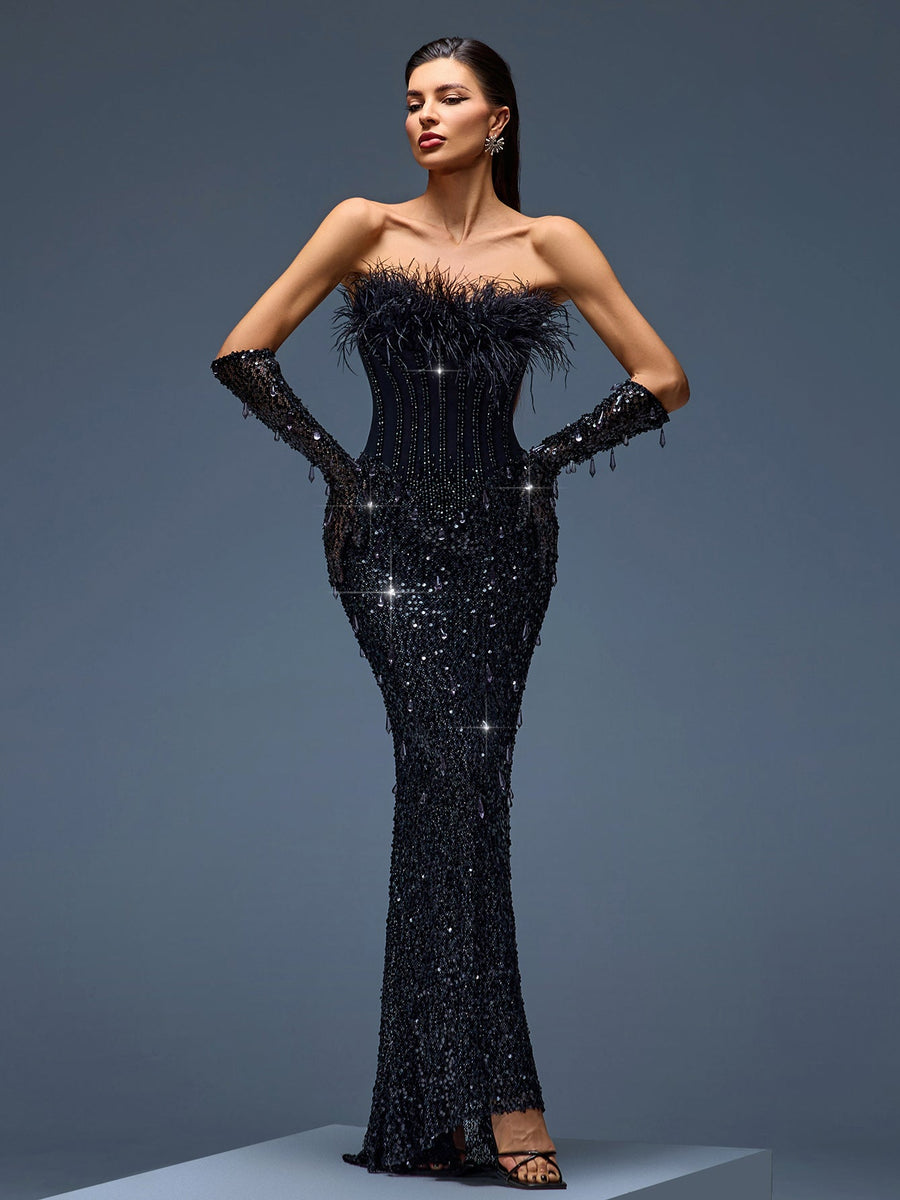 Elegant evening gown with sequin corset, feather details, and matching gloves