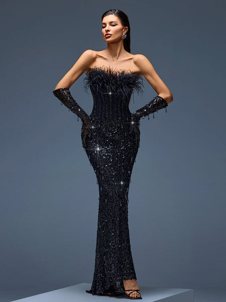 Elegant evening gown with sequin corset, feather details, and matching gloves