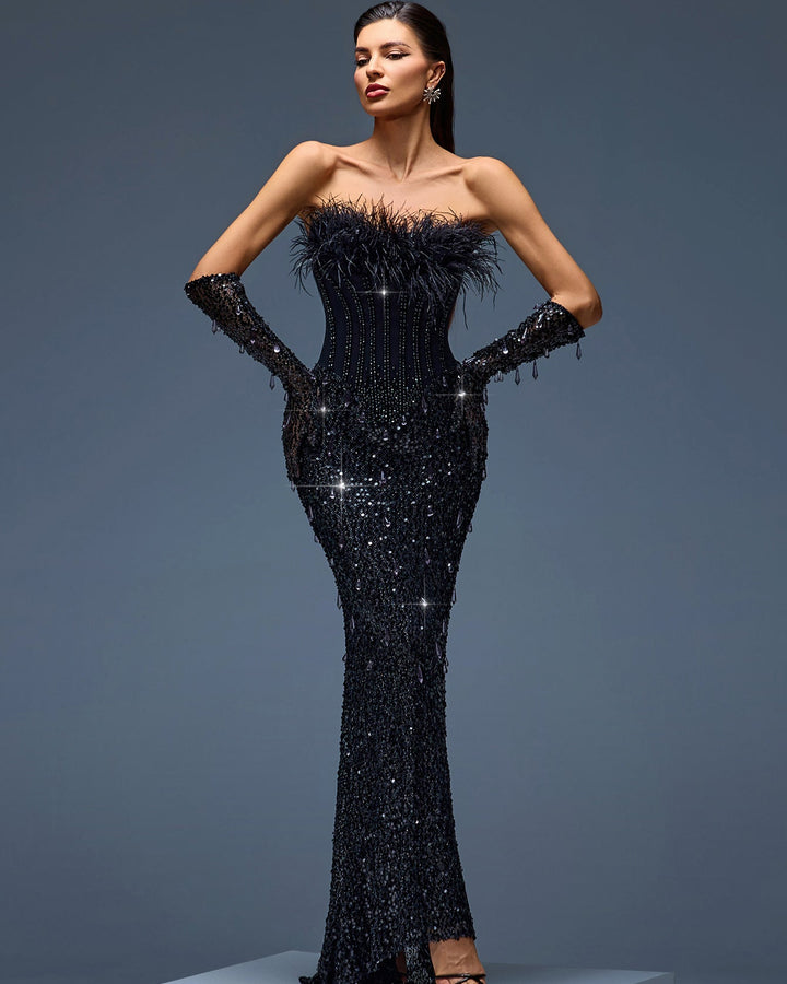 Elegant evening gown with sequin corset, feather details, and matching gloves