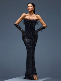 Fiorella Montclair — Elegant evening gown with sequin corset, feather details, and matching gloves