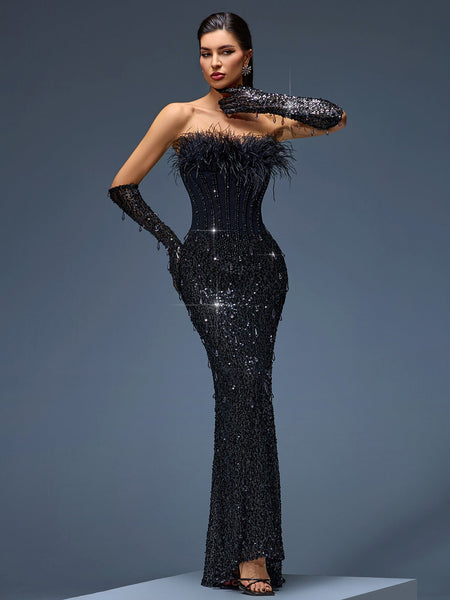 Elegant evening gown with sequin corset, feather details, and matching gloves