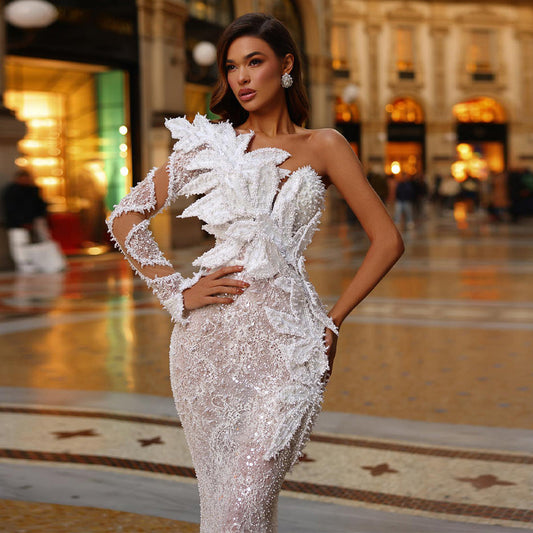 One Shoulder Long Sleeve Pearl Maxi Bodycon Dress HT1137