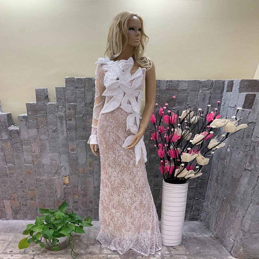 One Shoulder Long Sleeve Pearl Maxi Bodycon Dress HT1137