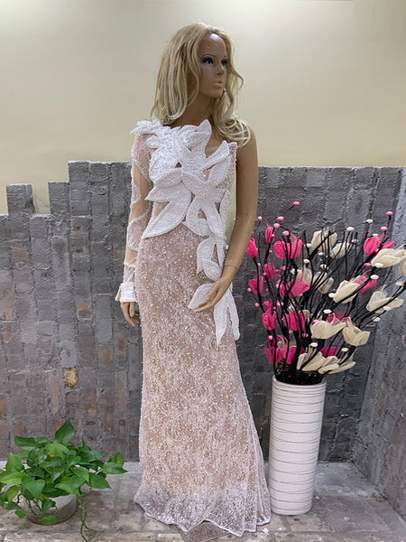 One Shoulder Long Sleeve Pearl Maxi Bodycon Dress HT1137