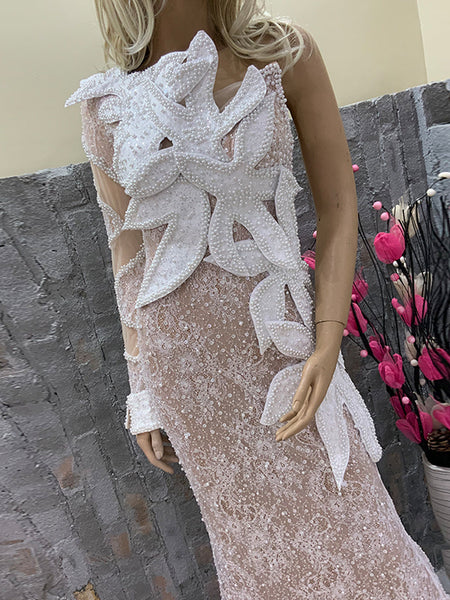 One Shoulder Long Sleeve Pearl Maxi Bodycon Dress HT1137