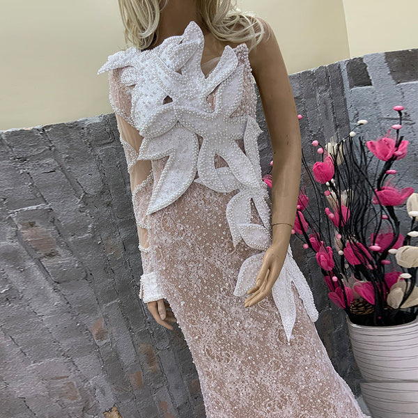 One Shoulder Long Sleeve Pearl Maxi Bodycon Dress HT1137