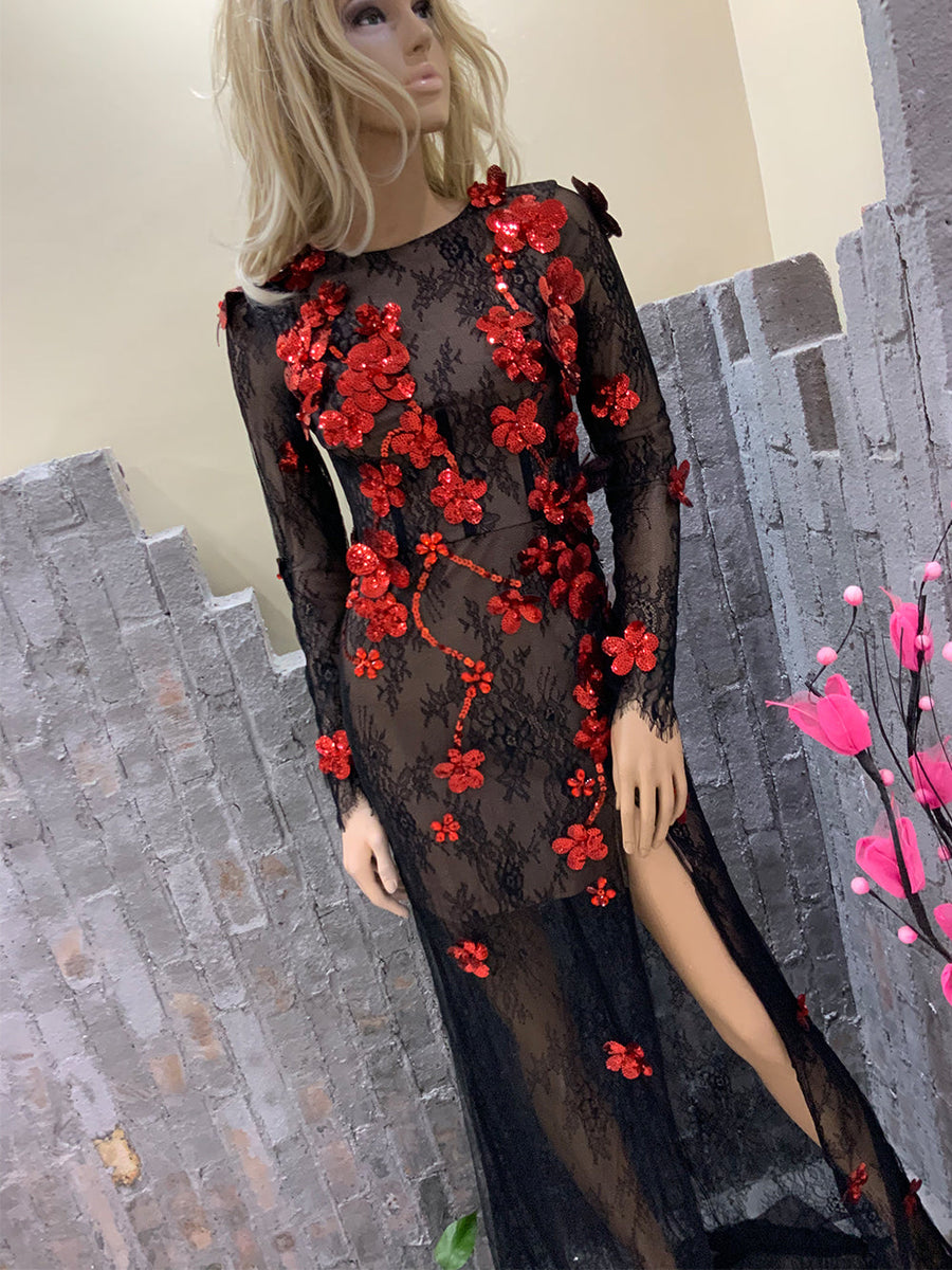Round Neck Long Sleeve Lace Maxi Bodycon Dress HT1158