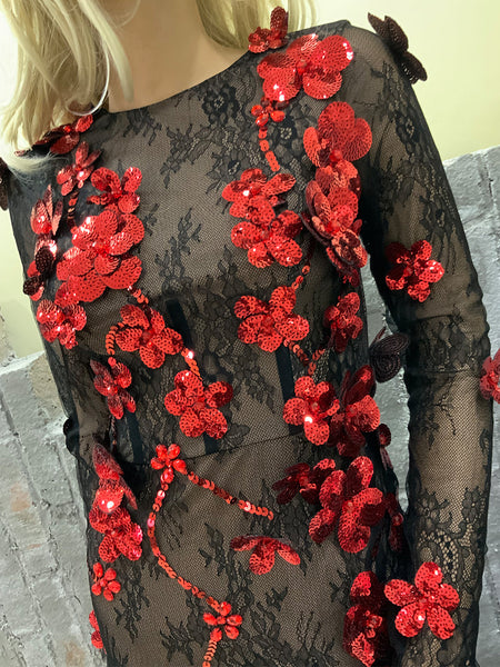 Round Neck Long Sleeve Lace Maxi Bodycon Dress HT1158