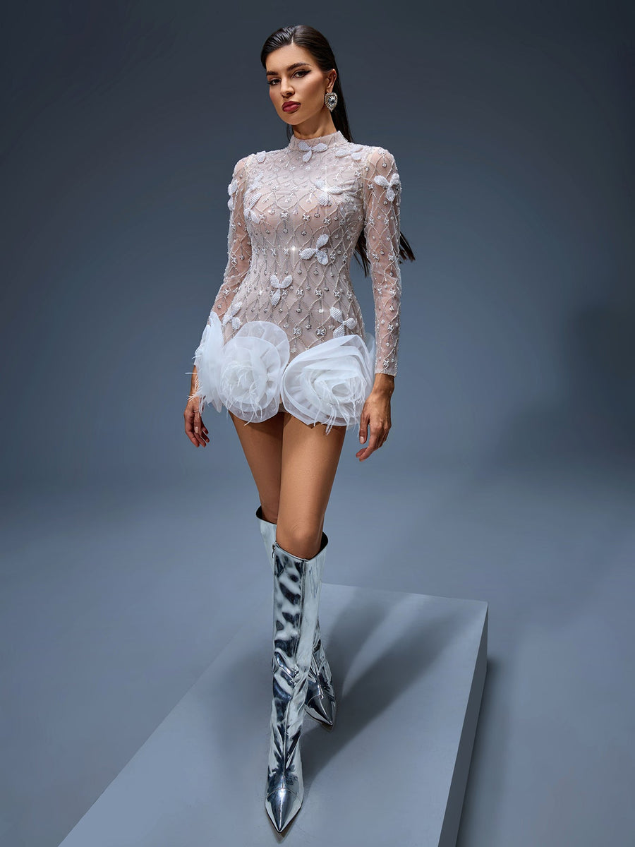 Short beaded dress with floral hem for a chic and elegant look