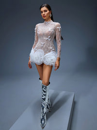 Winter Rousseau — Short beaded dress with floral hem for a chic and elegant look