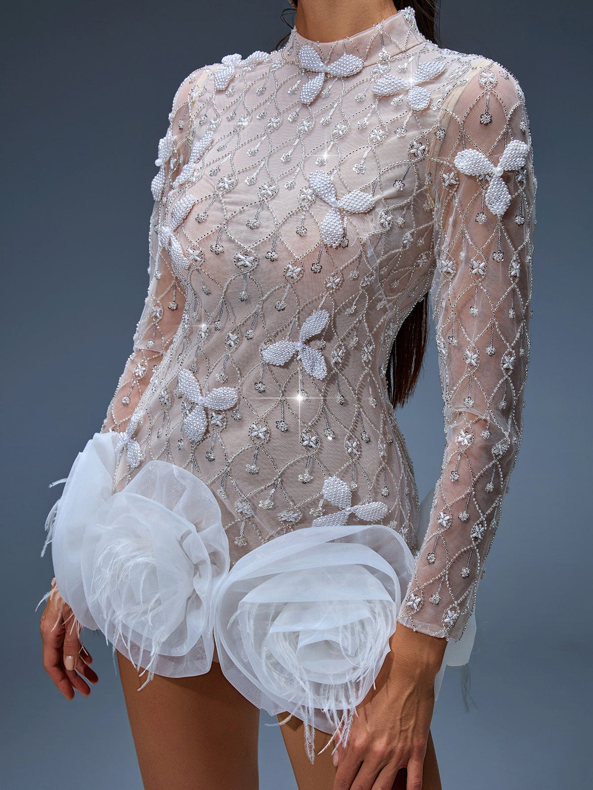 Winter Rousseau — Short beaded dress with floral hem for a chic and elegant look, alternate view 3