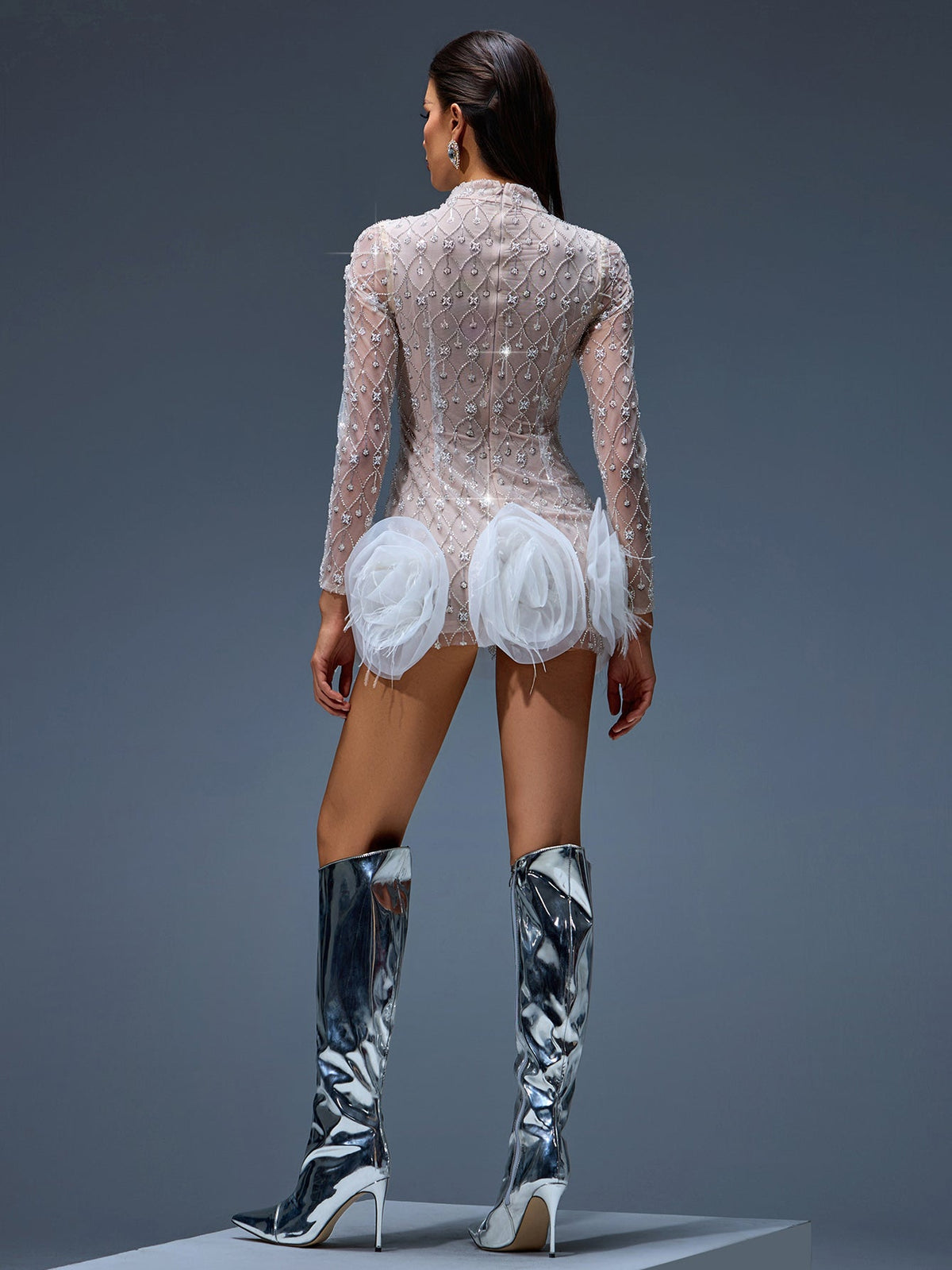 Winter Rousseau — Short beaded dress with floral hem for a chic and elegant look, alternate view 4