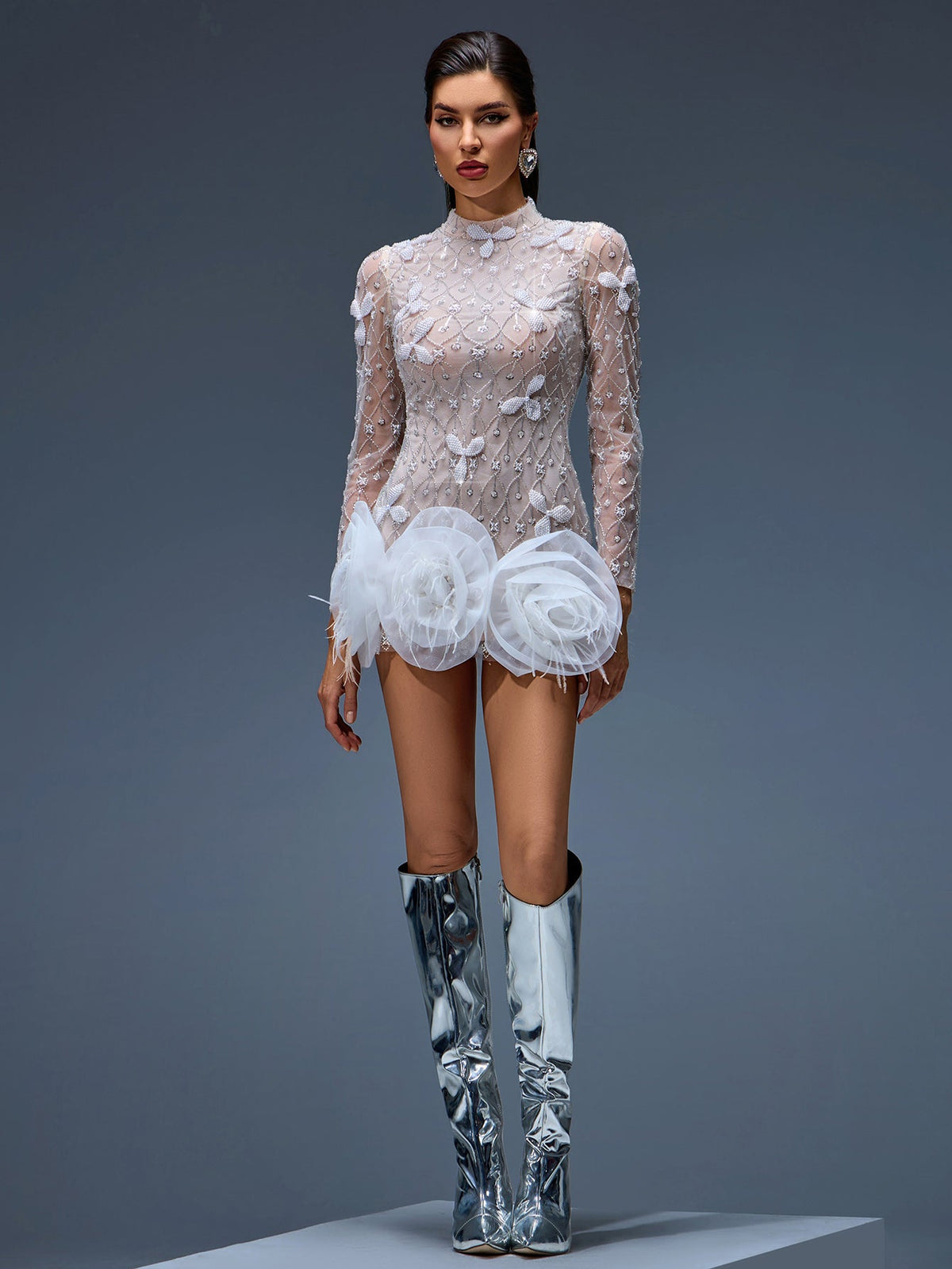 Winter Rousseau — Short beaded dress with floral hem for a chic and elegant look, alternate view 6