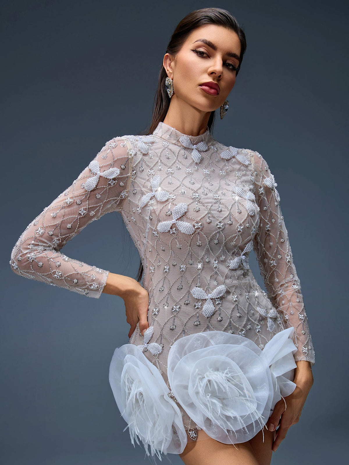 Winter Rousseau — Short beaded dress with floral hem for a chic and elegant look, alternate view 2