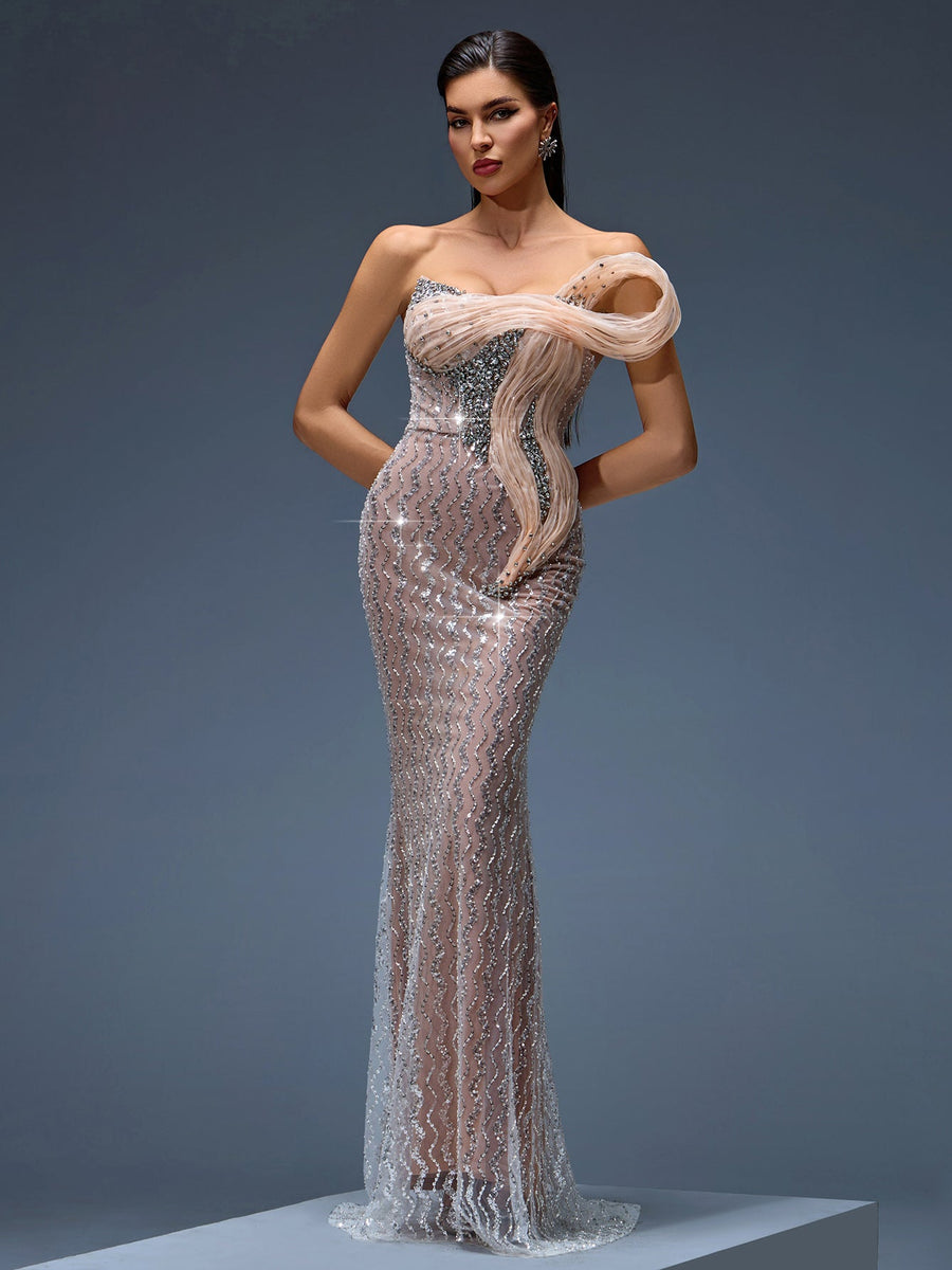 Stunning Maxi Dress with Rhinestones and Wavy Ombre