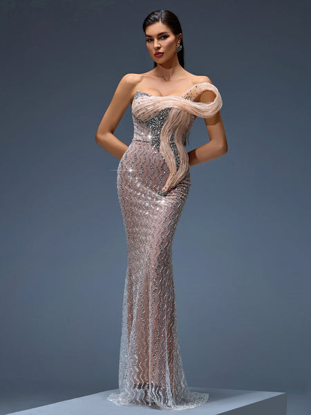Stunning Maxi Dress with Rhinestones and Wavy Ombre