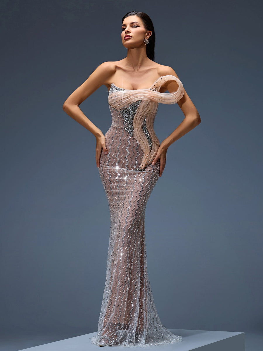 Stunning Maxi Dress with Rhinestones and Wavy Ombre