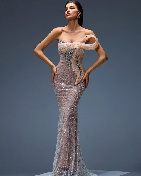 Stunning Maxi Dress with Rhinestones and Wavy Ombre