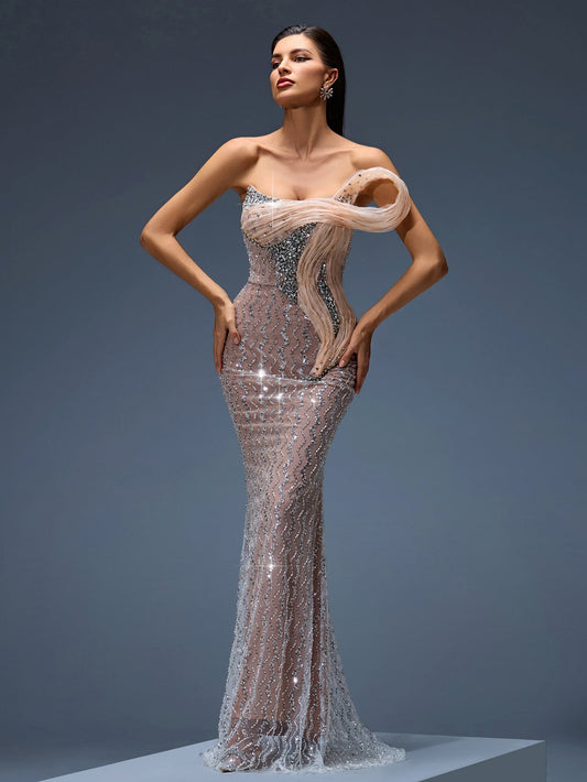 Stunning Maxi Dress with Rhinestones and Wavy Ombre