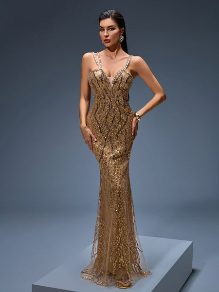 Elegant Heavy Crystal-Embroidered Evening Gown for Formal Occasions