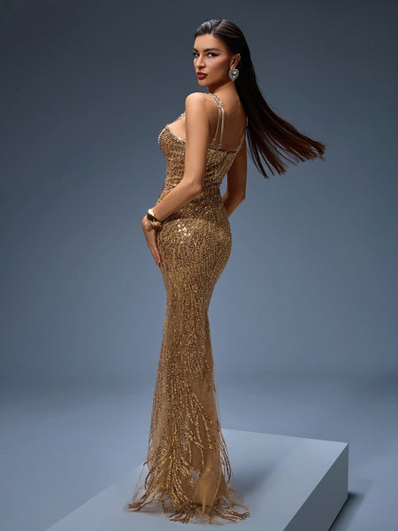 Elegant Heavy Crystal-Embroidered Evening Gown for Formal Occasions