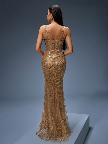 Elegant Heavy Crystal-Embroidered Evening Gown for Formal Occasions