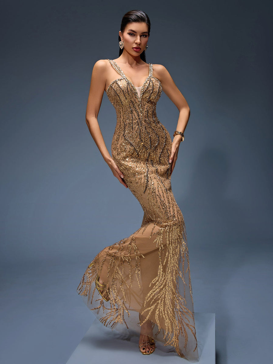 Elegant Heavy Crystal-Embroidered Evening Gown for Formal Occasions