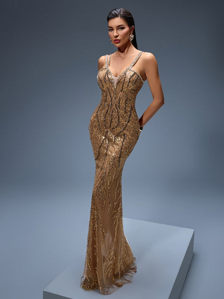Elegant Heavy Crystal-Embroidered Evening Gown for Formal Occasions