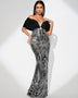 Elegant off-the-shoulder evening gown adorned with sequins