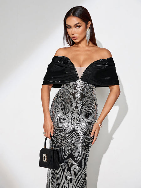 Elegant off-the-shoulder evening gown adorned with sequins