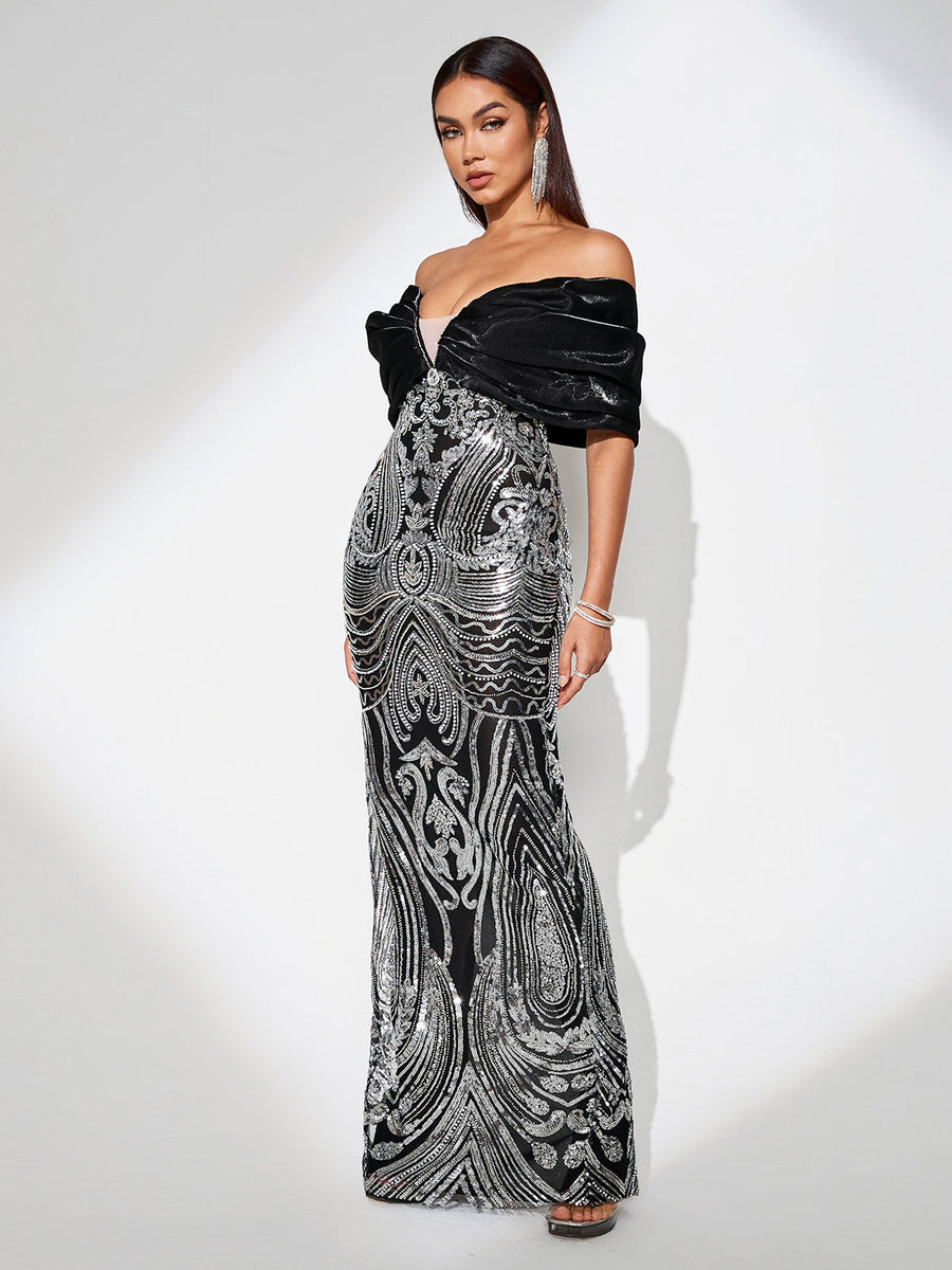 Elegant off-the-shoulder evening gown adorned with sequins