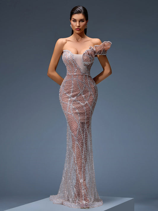 Tulle evening gown with sequin and pearl detailing