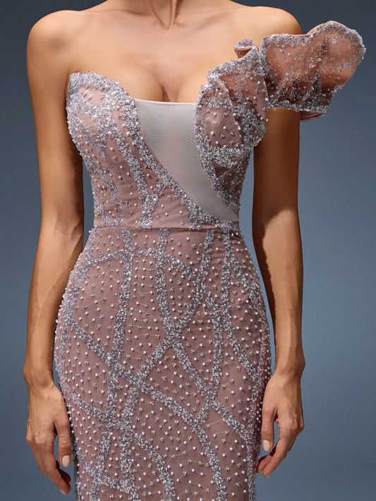 Tulle evening gown with sequin and pearl detailing
