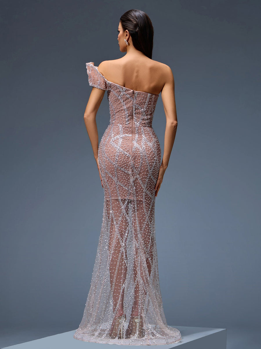Tulle evening gown with sequin and pearl detailing