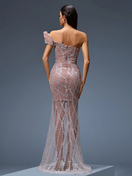 Tulle evening gown with sequin and pearl detailing
