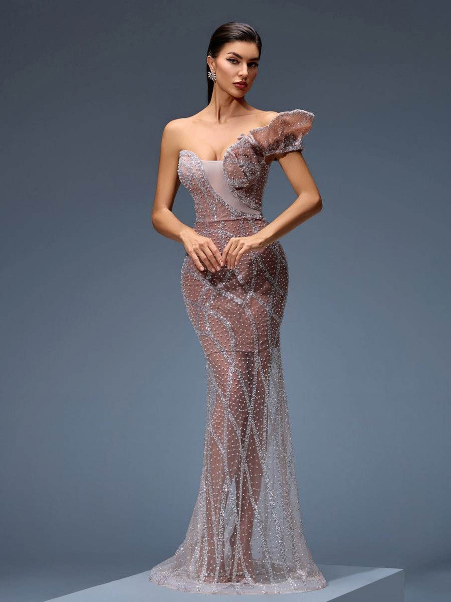 Tulle evening gown with sequin and pearl detailing