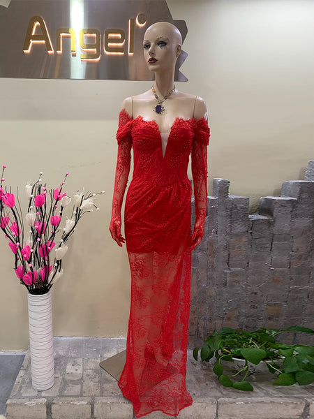 Off Shoulder Long Sleeve Lace Maxi Bodycon Dress HT891