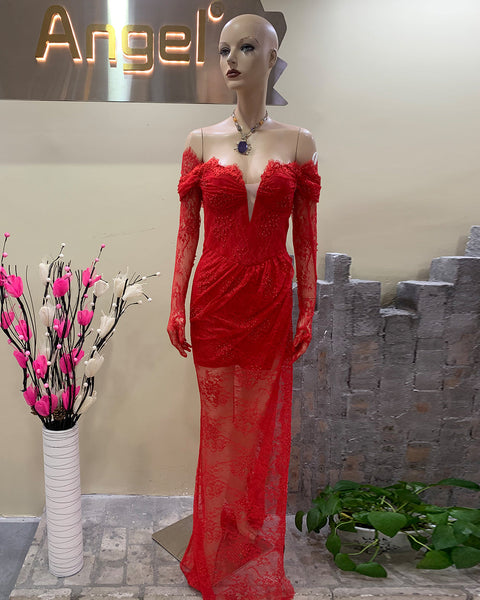 Off Shoulder Long Sleeve Lace Maxi Bodycon Dress HT891