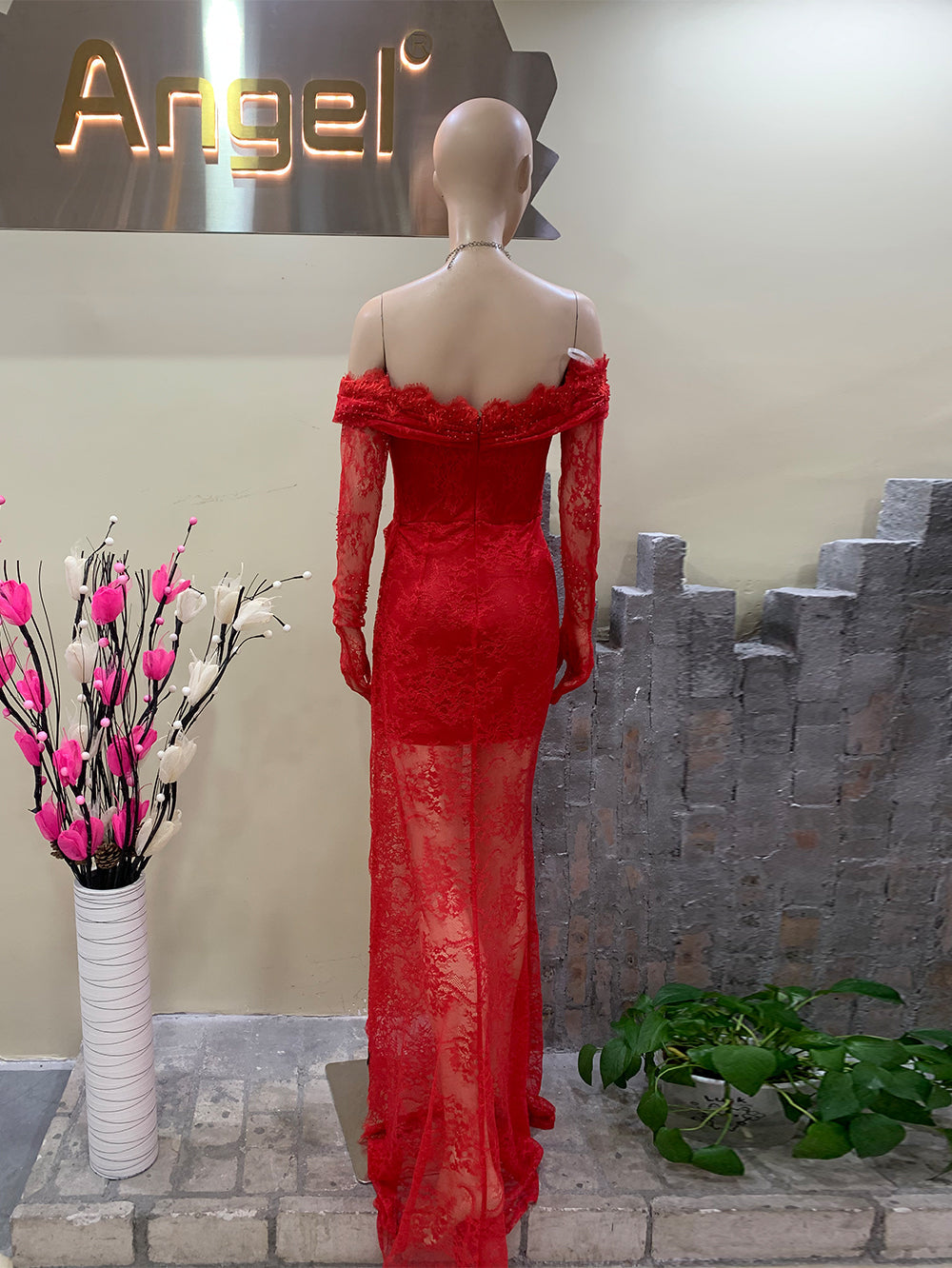 Genevra Fontaine — Off Shoulder Long Sleeve Lace Maxi Bodycon Dress HT891, alternate view 3